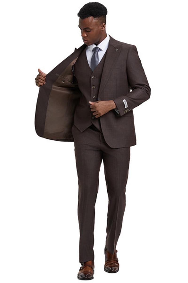 Men's Stacy Adams Vested One Button Wide Peak Lapel Windowpane Plaid Suit in Brown - 38 Regular