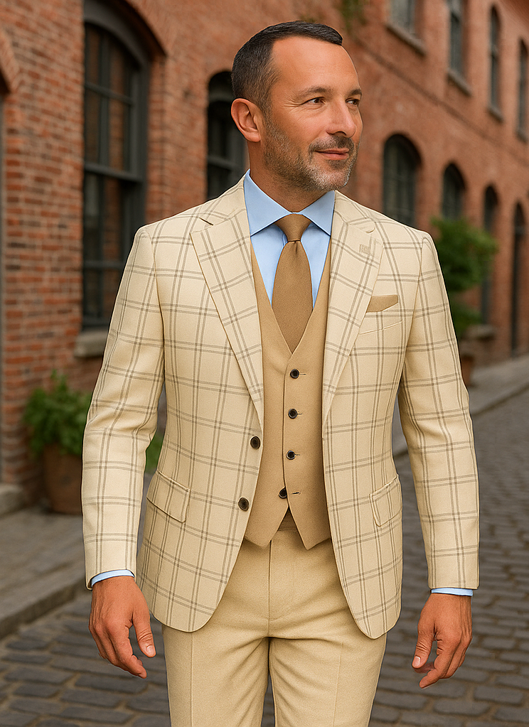 Wool Suit - Italian Made Business Suit by Statement Men's 3 Piece 100% Wool Modern Fit Suit - Accented Scoop Vest - 38R