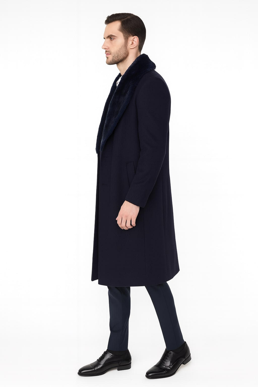 Mens Navy Blue Overcoat with Faux Fur Collar – Luxury Long Winter Coat for Formal and Casual Wear Topcoat - Coat Size 38
