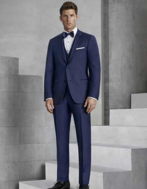 Mens Navy Blue Wedding Tuxedo - Dark Blue Tuxedo Suit"Mens Vested Slim Fit Two Button Trim Notch Tuxedo Navy