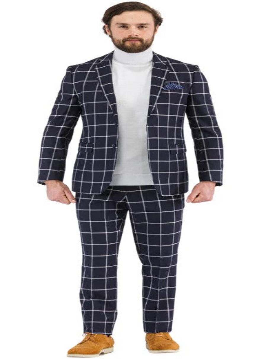 Mens Plaid Suits - Windowpane Pattern With Vest -Business Suit Navy - Coat Size 38