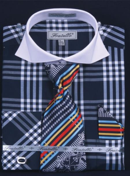 French Cuff Set White Collar Two Toned Contrast Deep Checker Navy Plaid ~ Windowpane Men's Dress Shirt - Large 16.5" Neck / 34-35" Sleeve