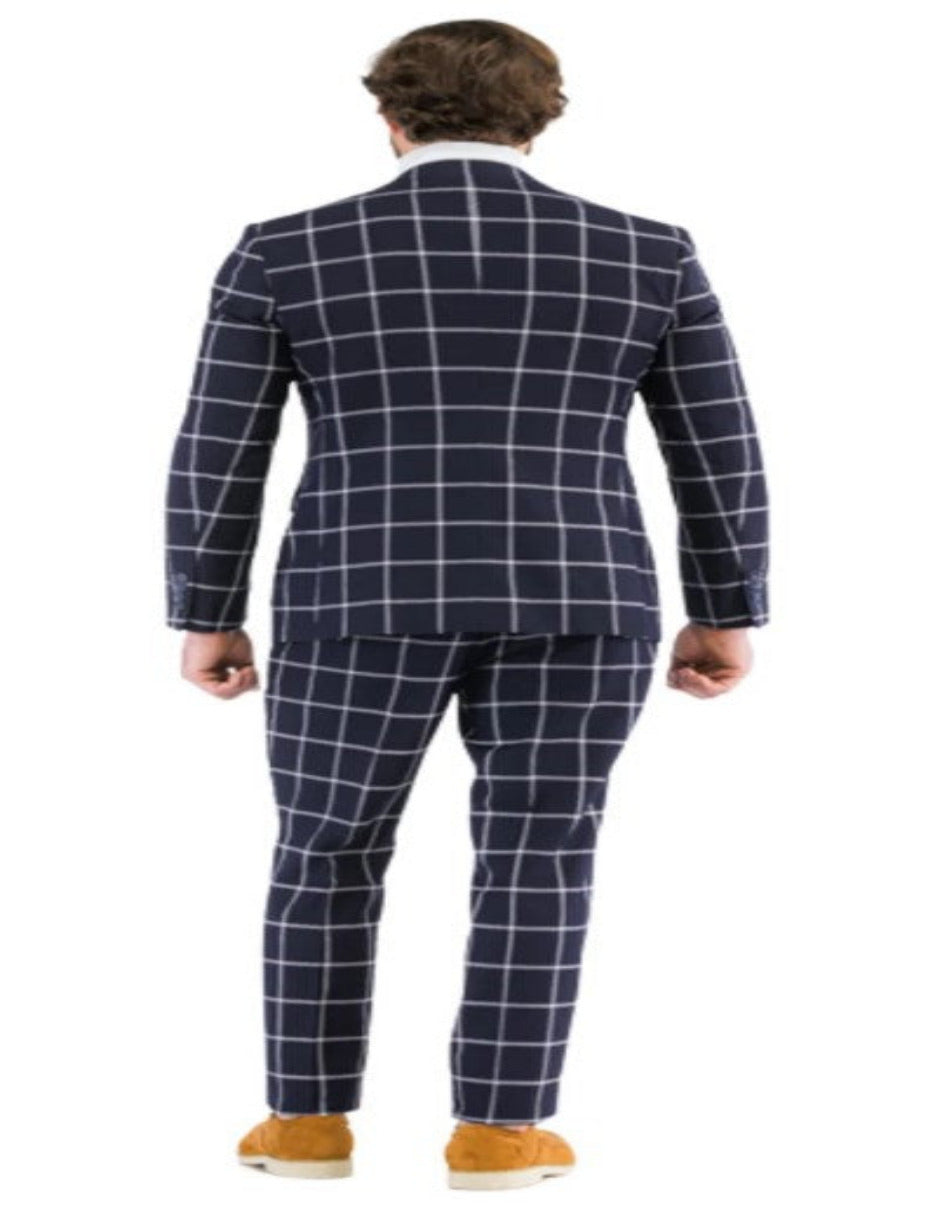 Mens Plaid Suits - Windowpane Pattern With Vest -Business Suit Navy - Coat Size 38