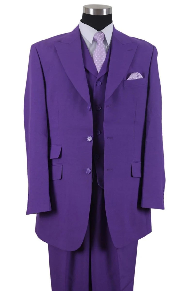 Mens 3 Button Vested Wide Peak Lapel Suit with Semi-Wide Pants in Purple - 38 Short Jacket+32 Waist Adjustable 28to34)(Height: 5 4 to5 7 )(Neck 15-16.5)S-M)