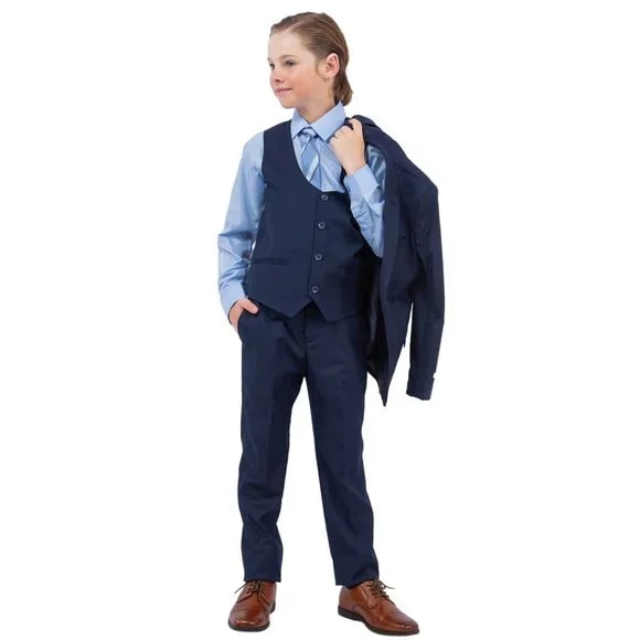 Exclusive Stacy Adams 5pc Boys Suit Solid Slim Fit, Navy - Boy Size : 4 (Weight 38 to 49)