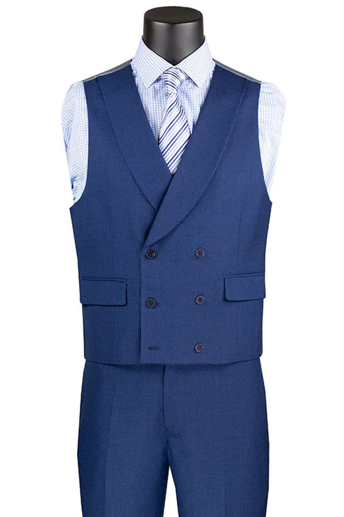Cheap Priced Suit - Men's Summer Sharkskin Navy Suit With Double Breasted Vest