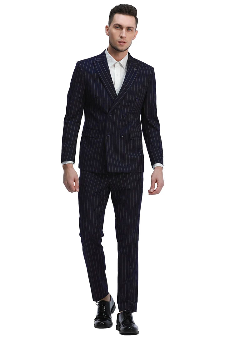 Cheap Priced Suit - Men's Slim Fit Double Breasted Bold Gangster Pinstripe Navy Suit - 38 Short Jacket+32 Waist Adjustable 28to34)(Height: 5 4 to5 7 )(Neck 15-16.5)S-M)