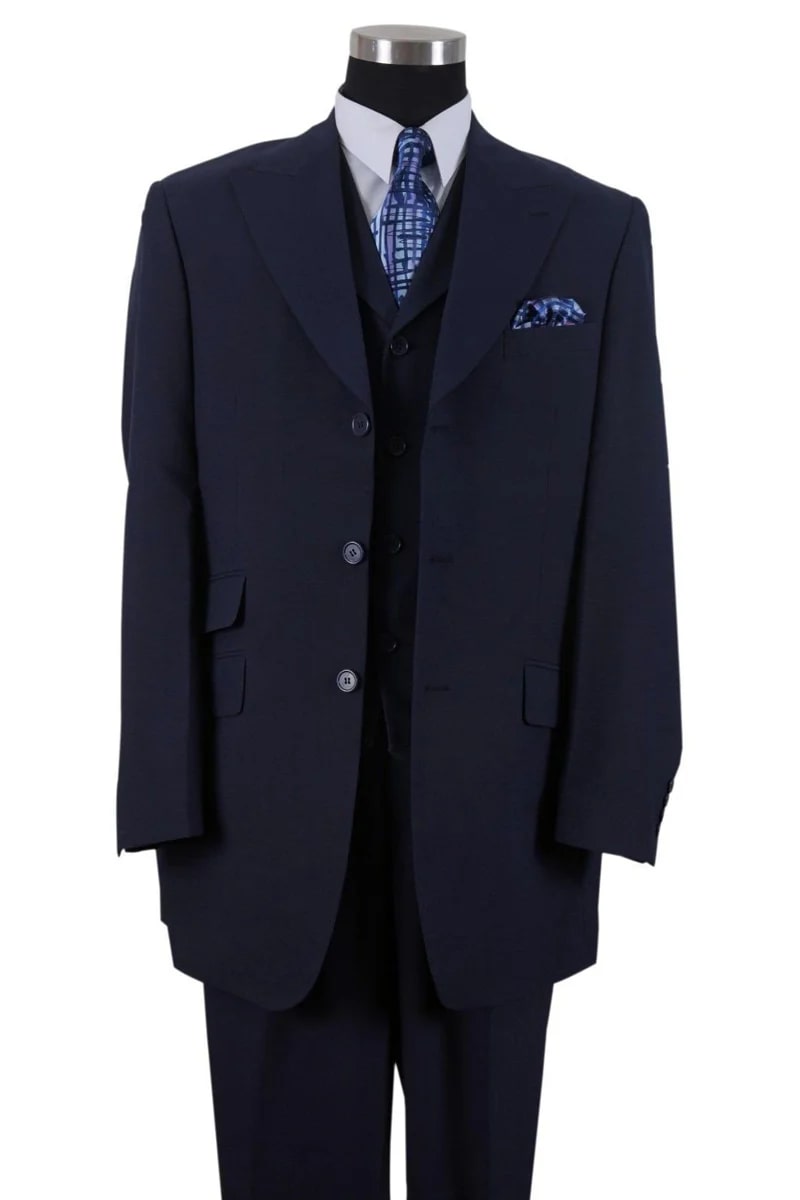 Mens 3 Button Vested Wide Peak Lapel Suit with Semi-Wide Pants in Navy - 38 Short Jacket+32 Waist Adjustable 28to34)(Height: 5 4 to5 7 )(Neck 15-16.5)S-M)