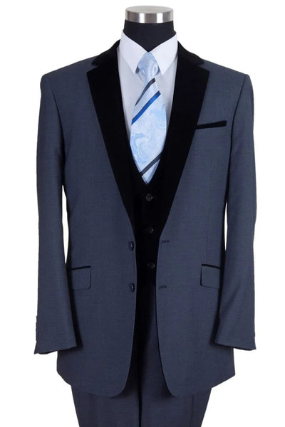 Cheap Priced Suit - Mens Vested Modern Fit Tuxedo Suit In Navy Blue With Black Velvet Lapel And Vest