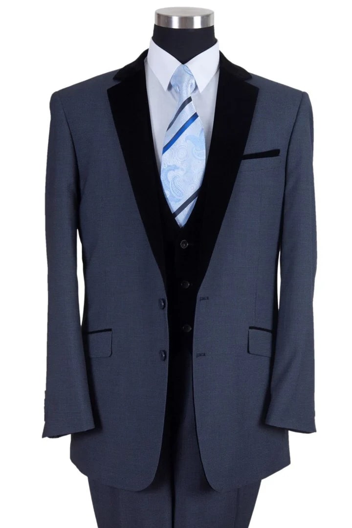 Cheap Priced Suit  - Mens Vested Modern Fit Tuxedo Suit In Navy Blue With Black Velvet Lapel And Vest - 38 Short Jacket+32 Waist Adjustable 28to34)(Height: 5 4 to5 7 )(Neck  15-16.5)S-M)