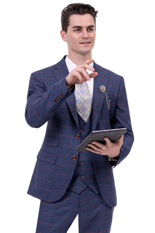 Cheap Priced Suit - Mens Two Button Peak Lapel Vested Fashion Suit In Navy Windowpane Plaid