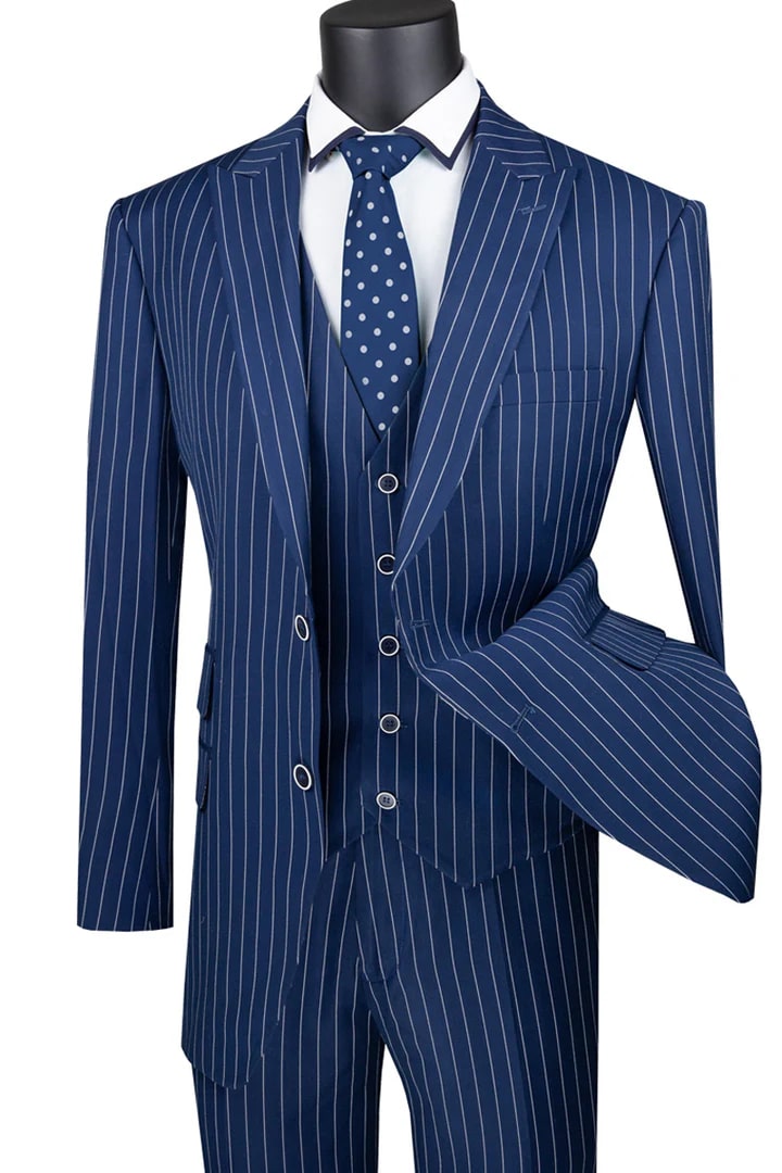 Cheap priced Suit - Mens Vested Bold Gangster Pinstripe Navy Suit - 38 Short Jacket+32 Waist Adjustable 28to34)(Height: 5 4 to5 7 )(Neck 15-16.5)S-M)