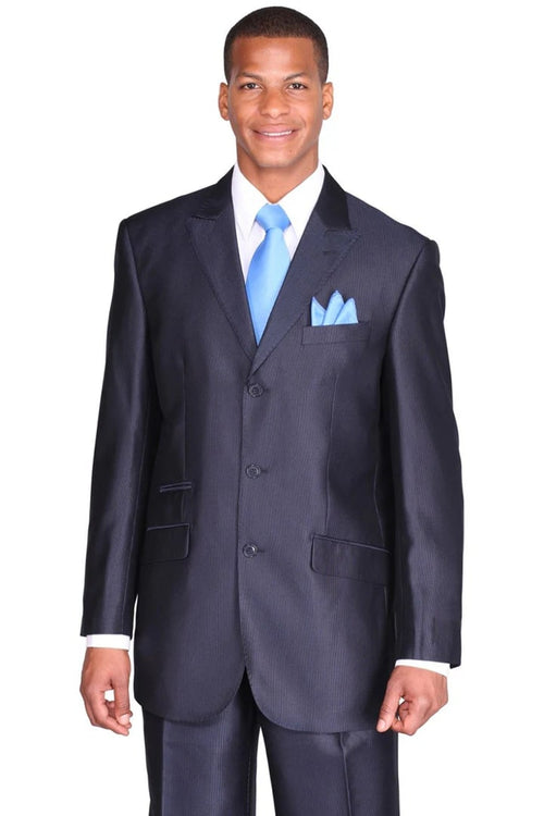 Cheap Priced Suit - Mens 3 Button Peak Lapel Shiny Sharkskin Micro Pinstripe Navy Suit