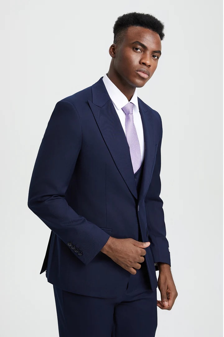 Cheap Priced Suit- Men's Vested One Button Peak Lapel Stacy Adams Designer Navy Suit - 38 Short Jacket+32 Waist Adjustable 28to34)(Height: 5 4 to5 7 )(Neck  15-16.5)S-M)