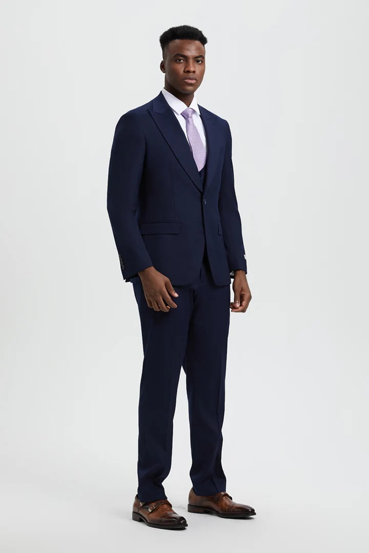 Cheap Priced Suit- Men's Vested One Button Peak Lapel Stacy Adams Designer Navy Suit - 38 Short Jacket+32 Waist Adjustable 28to34)(Height: 5 4 to5 7 )(Neck  15-16.5)S-M)