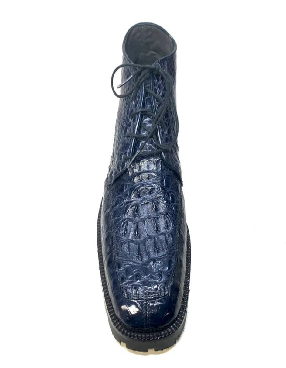 Los Altos Navy Hornback All-Over Crocodile Lace Up Ankle Boots - 8