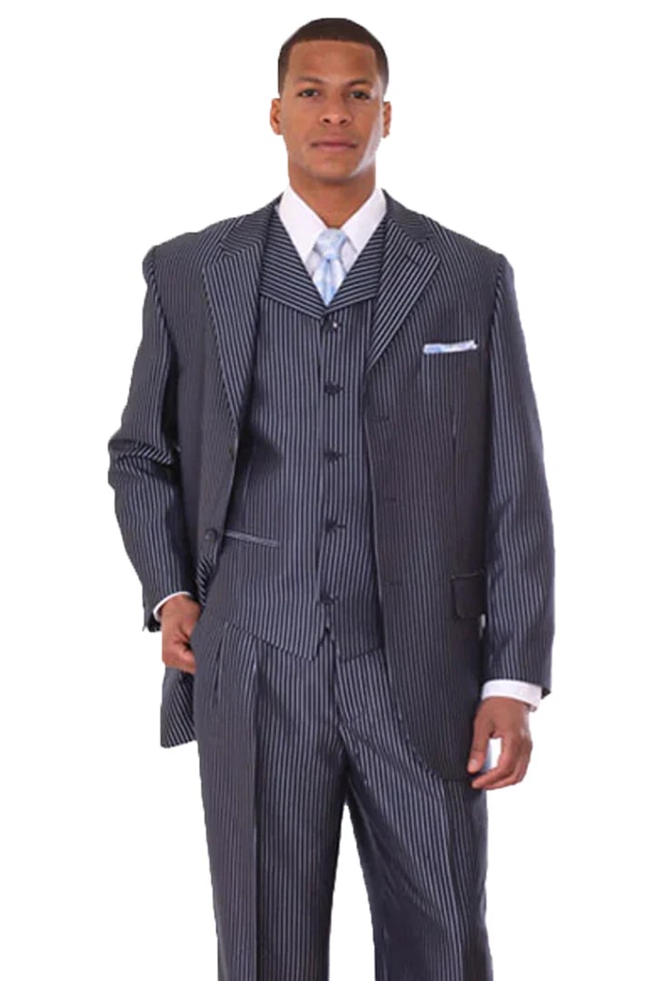 Cheap Priced Suit - Mens 3 Button Vested Shiny Sharkskin Narrow Pinstripe Navy Suit - 38 Short Jacket+32 Waist Adjustable 28to34)(Height: 5 4 to5 7 )(Neck 15-16.5)S-M)