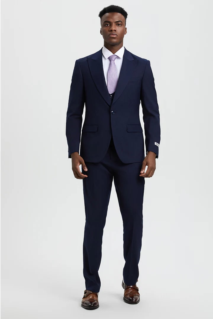 Cheap Priced Suit- Men's Vested One Button Peak Lapel Stacy Adams Designer Navy Suit - 38 Short Jacket+32 Waist Adjustable 28to34)(Height: 5 4 to5 7 )(Neck  15-16.5)S-M)