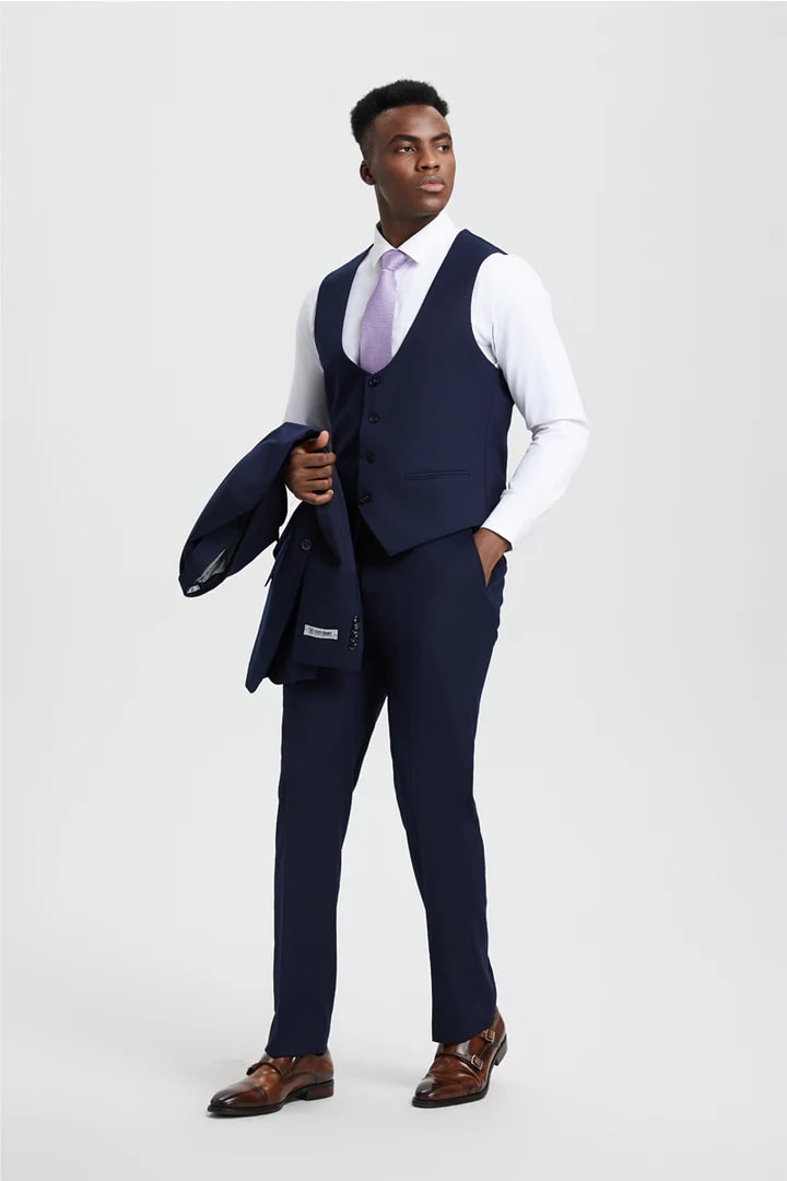 Cheap Priced Suit- Men's Vested One Button Peak Lapel Stacy Adams Designer Navy Suit - 38 Short Jacket+32 Waist Adjustable 28to34)(Height: 5 4 to5 7 )(Neck  15-16.5)S-M)