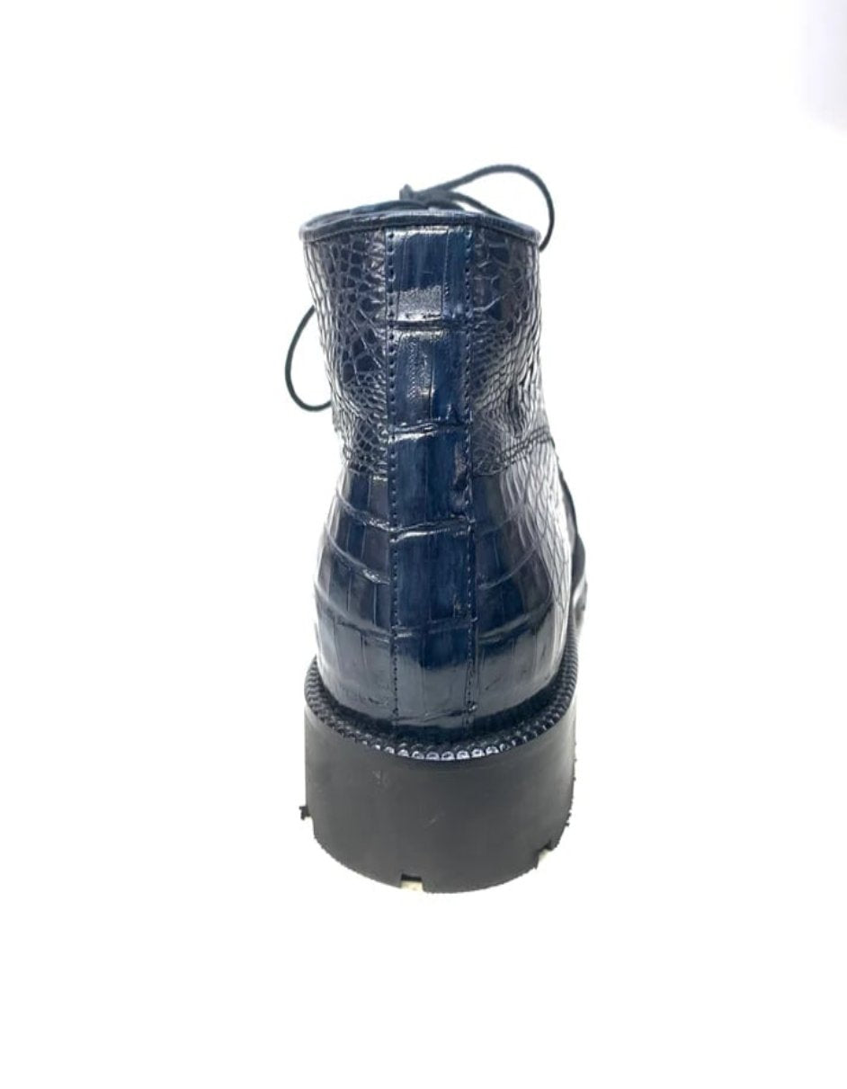 Los Altos Navy Hornback All-Over Crocodile Lace Up Ankle Boots - 8