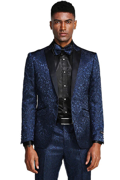 Cheap priced Suit- Men's One Button Slim Fit Paisley Wedding & Prom 2026 Navy Tuxedo