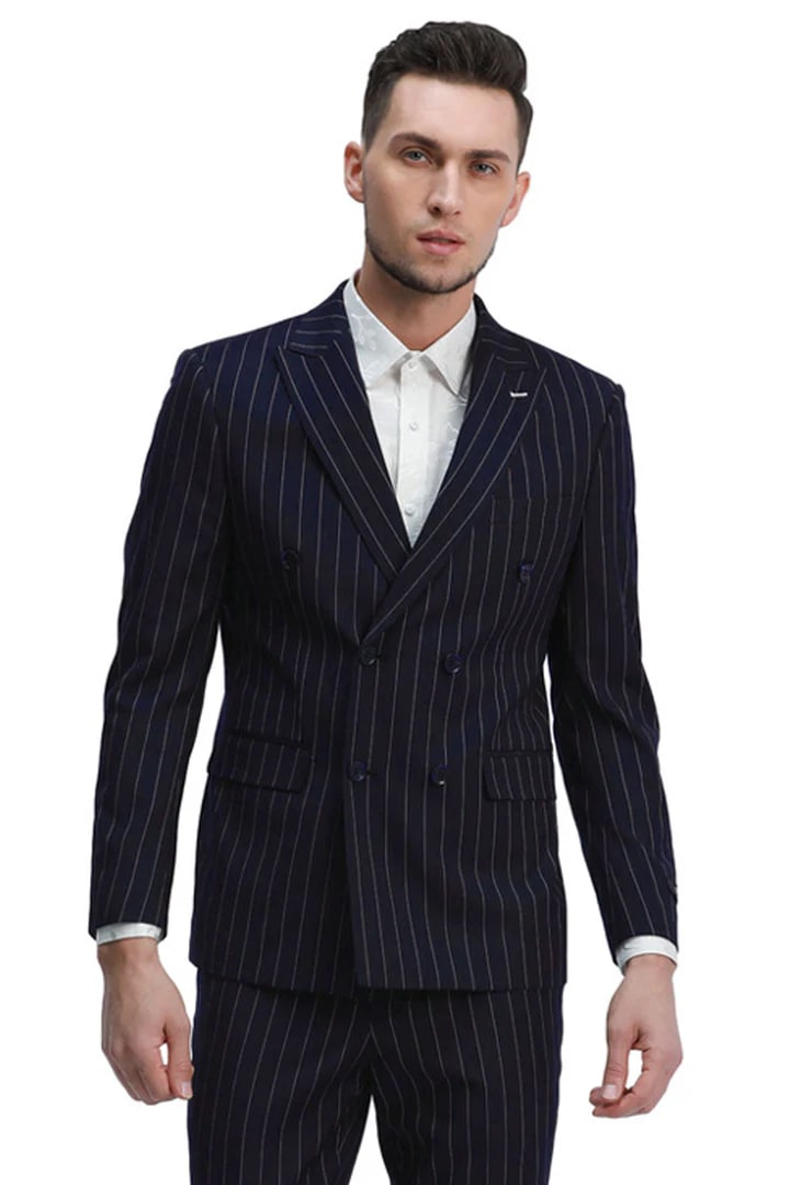 Cheap Priced Suit - Men's Slim Fit Double Breasted Bold Gangster Pinstripe Navy Suit - 38 Short Jacket+32 Waist Adjustable 28to34)(Height: 5 4 to5 7 )(Neck 15-16.5)S-M)