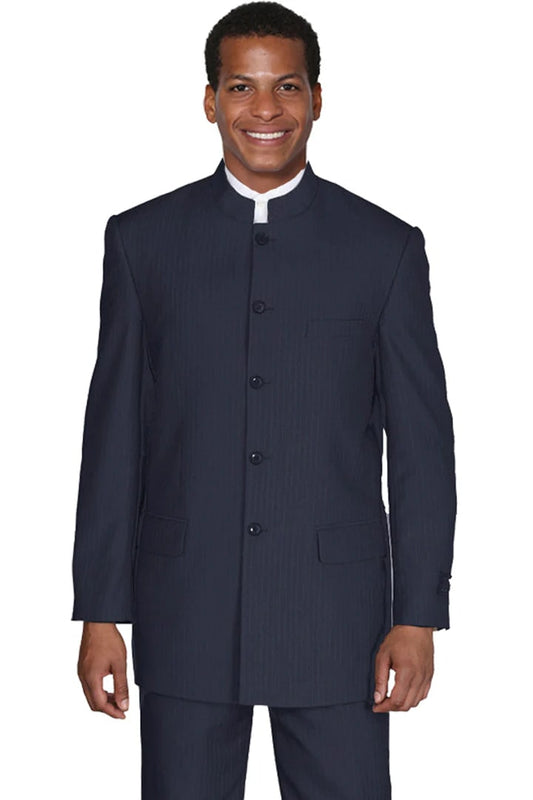Cheap Priced Suit  -  Mens 5 Button Mandarin Pinstripe Navy Suit
