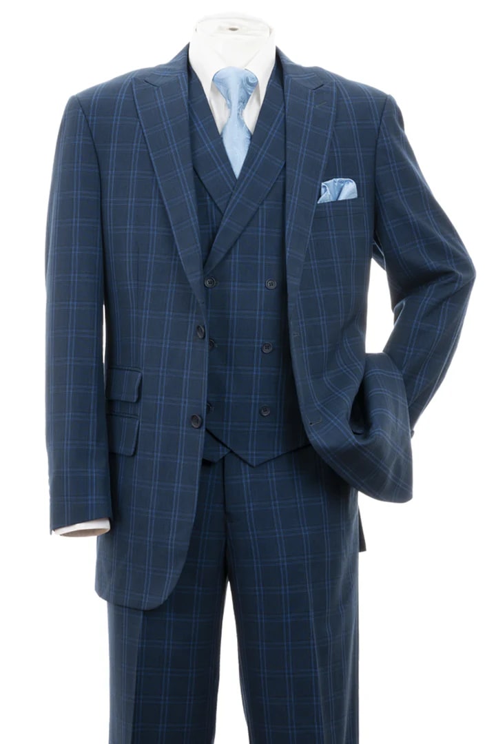 Cheap Priced Suit- Mens 2 Button Double Breasted Vest Suit In Navy Windopane Plaid - 38 Short Jacket+32 Waist Adjustable 28to34)(Height: 5 4 to5 7 )(Neck 15-16.5)S-M)