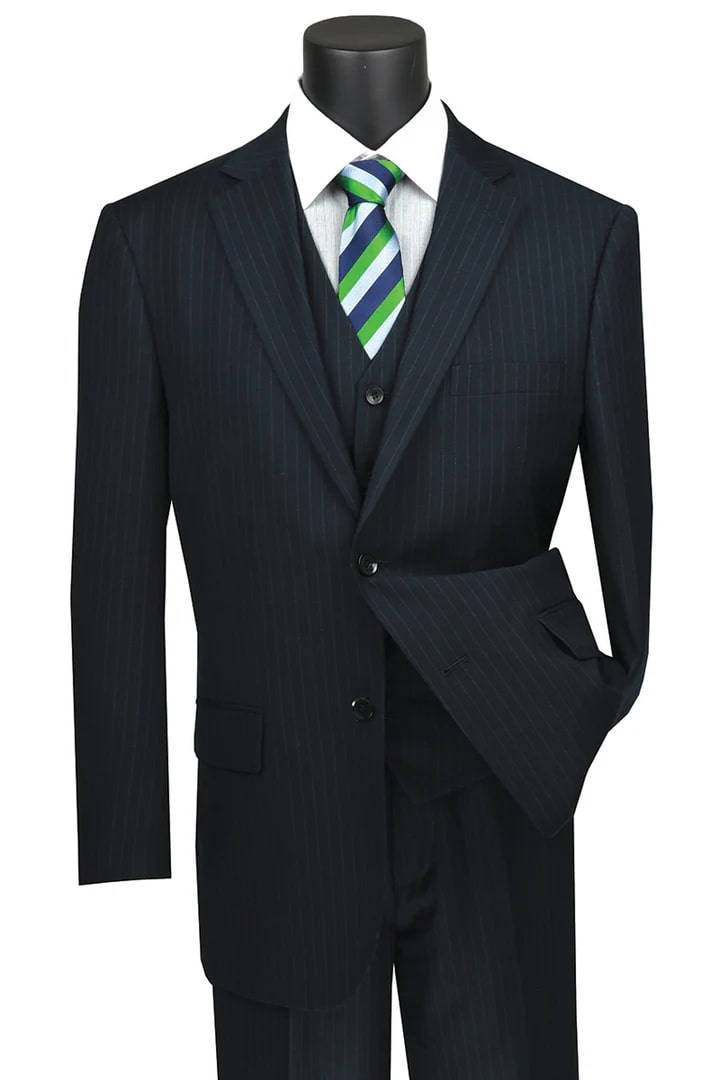 Cheap Priced Suit - Mens Classic Fit Vested Banker Pinstripe Navy Suit - 38 Short Jacket+32 Waist Adjustable 28to34)(Height: 5 4 to5 7 )(Neck 15-16.5)S-M)