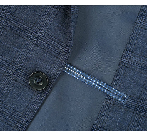 Cheap priced Suit- Mens Two Button Classic Fit Vested Navy Blue Suit Windowpane Plaid