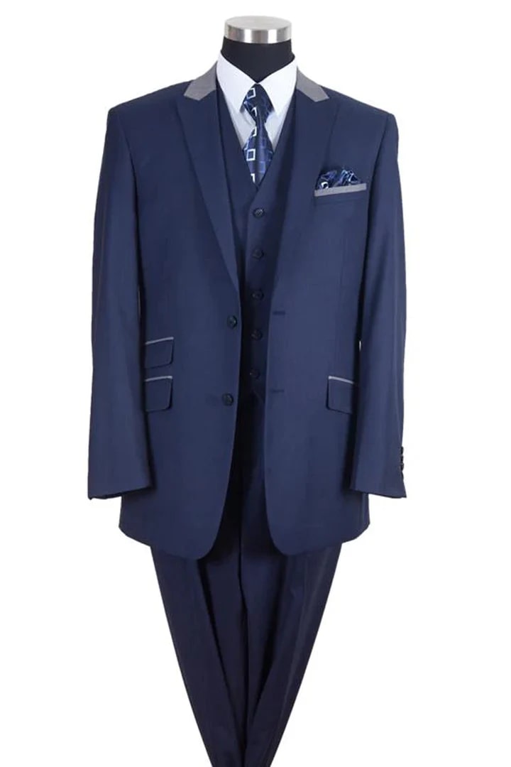 Cheap Priced Suit - Mens 2 Button Vested Peak Lapel Contrast Collar Navy And Silver Suit