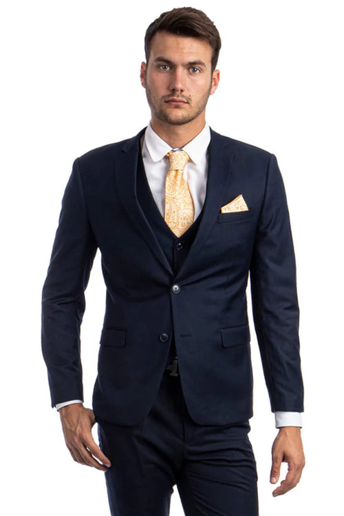 Cheap Priced Suit - Men's Two Button Slim Fit Vested Solid Basic Color Navy Blue Suit