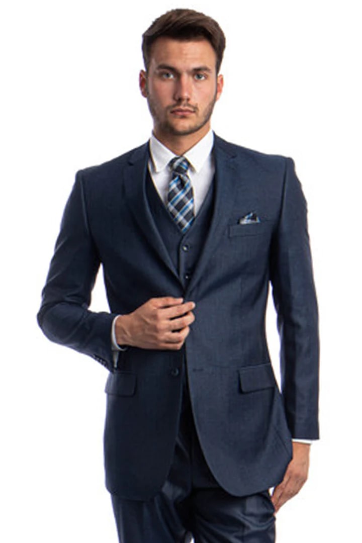 Three Button Suit - Classic Fit Pleated Pants - Mens 3 Button Vested Textured Shiny Sharkskin Silver Grey Church Suit