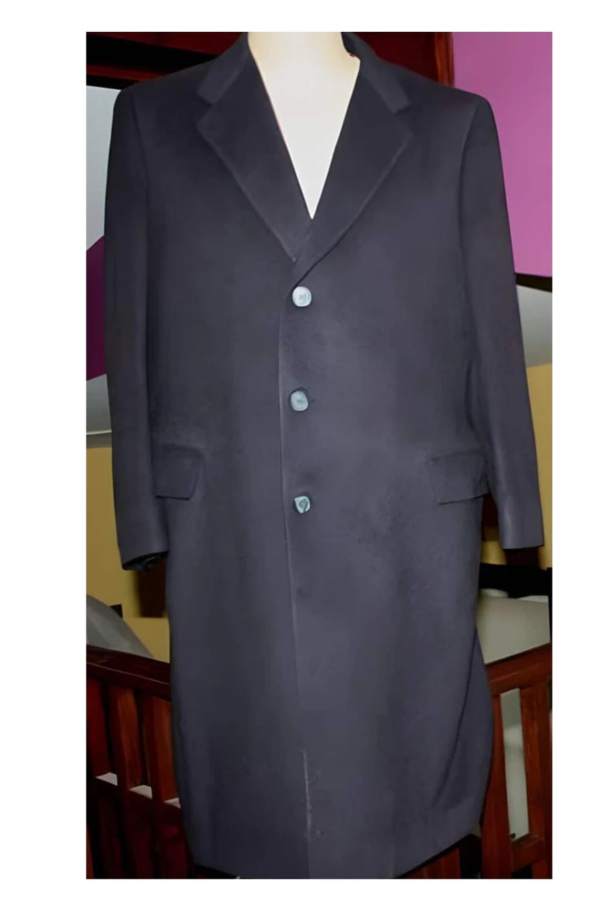 45 Inch navy colored classic model features button front Wool fabric Three buttons style men's Overcoat