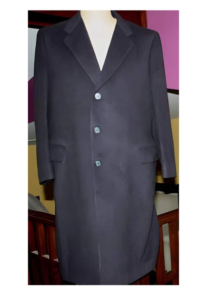 45 Inch navy colored classic model features button front Wool fabric Three buttons style men's Overcoat