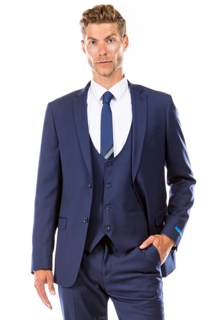 Cheap priced Suit - Men's Two Button Vested Hybrid Fit Micro Mini Navy Pinstripe Business Suit