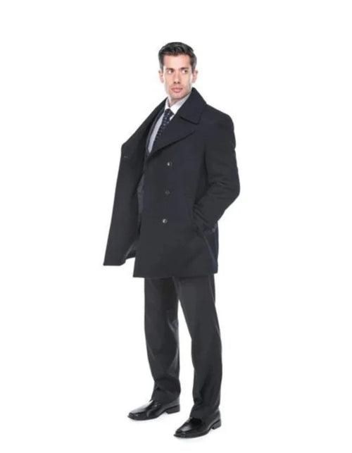 Double Breasted Navy Wool Blend Overcoat ~ Long men's Dress Topcoat - Winter coat