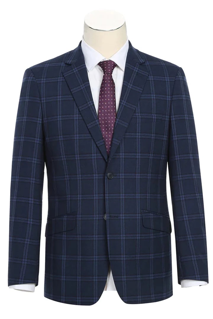 Cheap priced Suit - Mens Slim Fit Two Button Stretch Dark Navy Wide Suit Windowpane Plaid