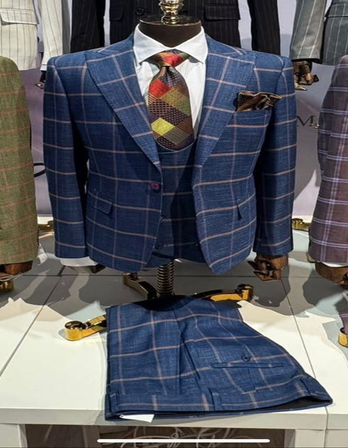 Rossiman Mens Navy & Gray Plaid Suit Classic Windowpane Double-Breasted Design-New Designer Collection