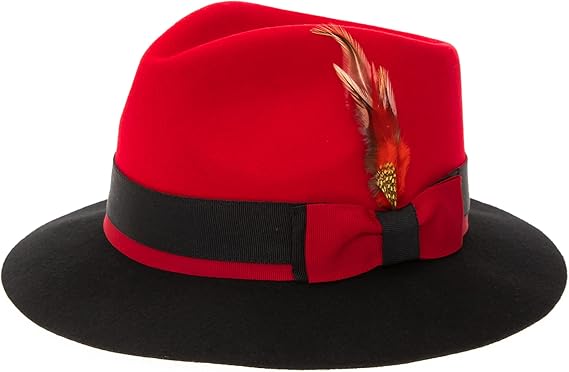 Gangster 100% Austrailian Wool Crushable Mens Fedora Hat - Removable Feather Gangster Red and Black Mens Fedora Hat - Small