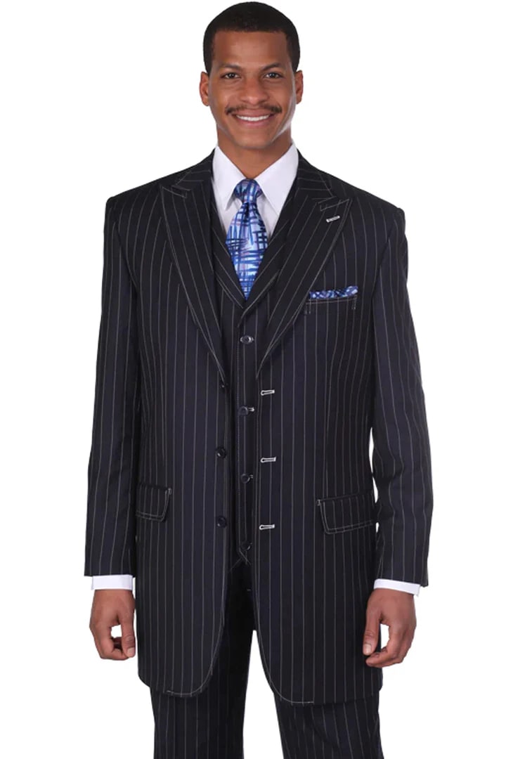 Cheap Priced Suit - Mens Vintage Vested Gangster Bold Pinstripe Fashion Navy Suit - 38 Short Jacket+32 Waist Adjustable 28to34)(Height: 5 4 to5 7 )(Neck 15-16.5)S-M)