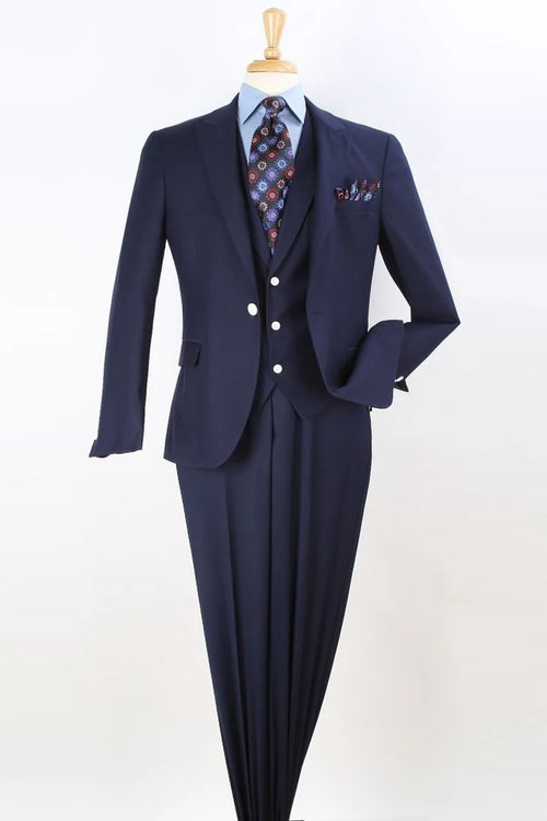 Cheap Priced Suit - Mens Modern Fit One Button Peak Lapel Vested Fashion Navy Suit
