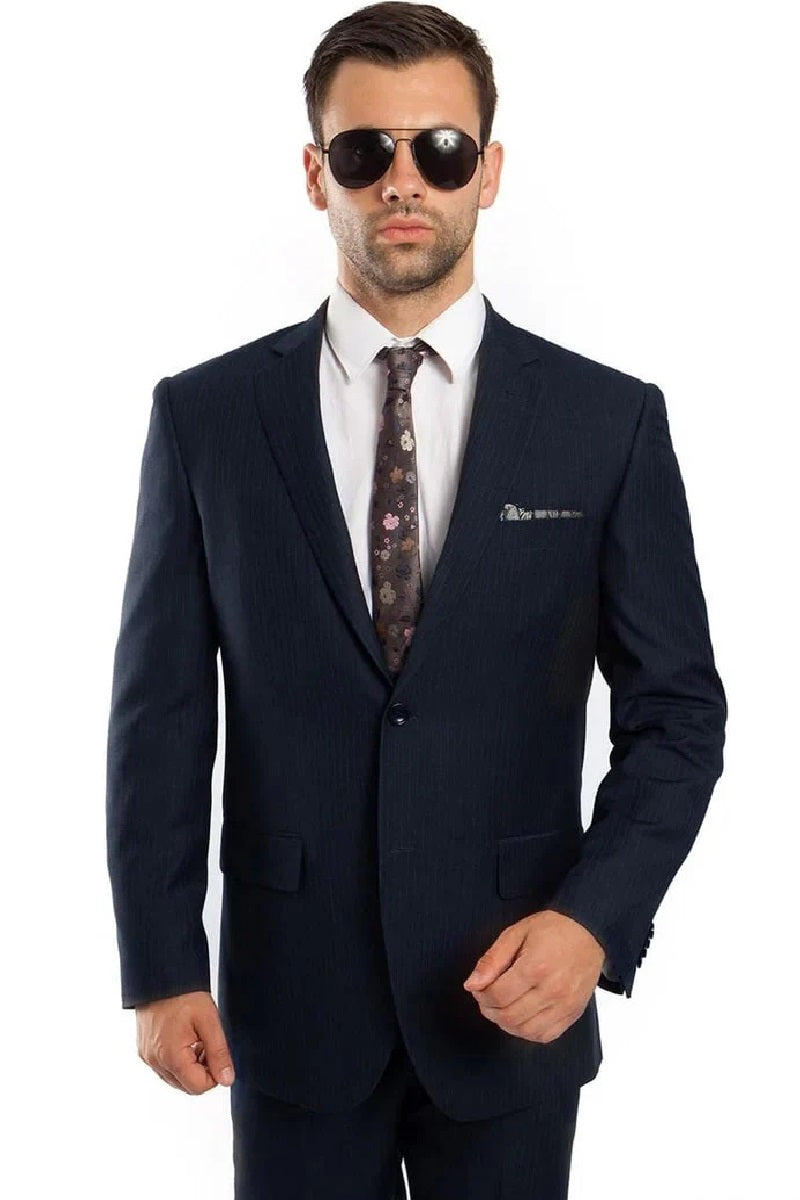 Cheap Priced Suit - Men's Two Button Regular Fit Micro Pinstripe Business Navy Suit