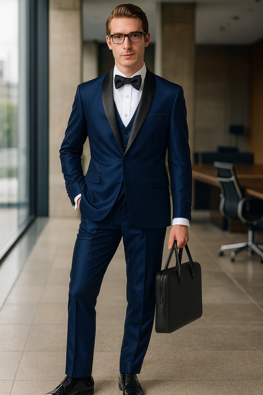 Men’s Light Navy Blue Satin Tuxedo with Black Shawl Lapel and Three-Piece Design - Small