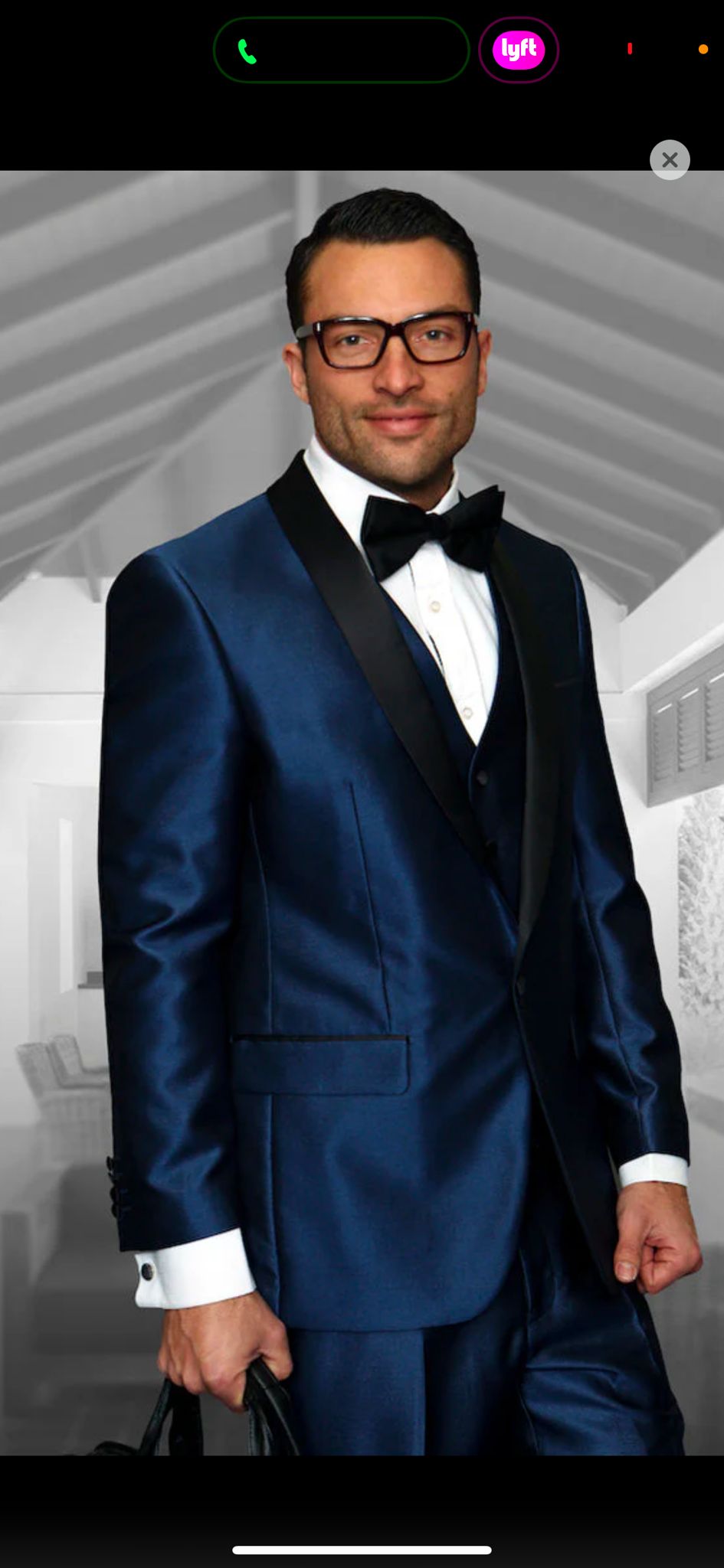 Men’s Light Navy Blue Satin Tuxedo with Black Shawl Lapel and Three-Piece Design - Small