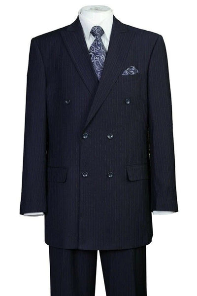 Cheap Priced Suit - Mens Classic Double Breasted Peak Lapel Suit In Navy Pinstripe