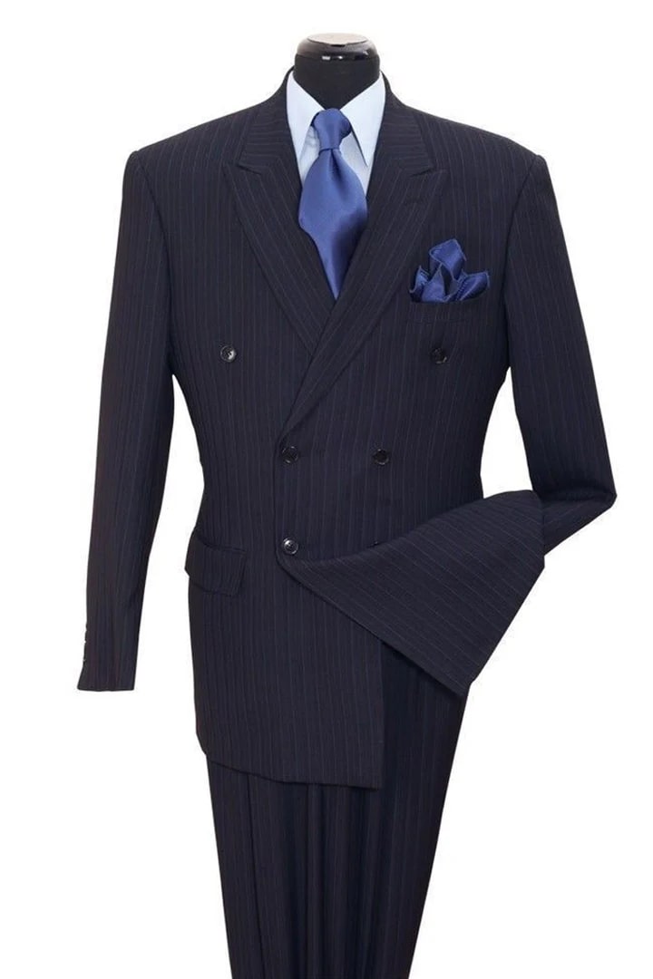 Cheap Priced Suit - Mens Classic Double Breasted Smooth Pinstripe Navy Suit - 38 Short Jacket+32 Waist Adjustable 28to34)(Height: 5 4 to5 7 )(Neck 15-16.5)S-M)