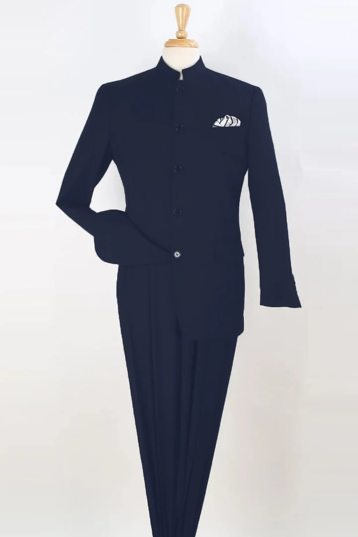 Cheap Suit - Mens Five Button Mandarin Banded Collar Fashion Navy Suit - 38 Short Jacket+32 Waist Adjustable 28to34)(Height: 5 4 to5 7 )(Neck 15-16.5)S-M)