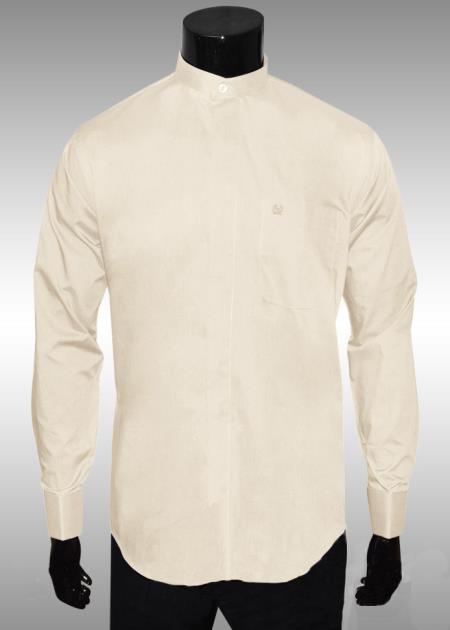 Medium Nehru Collarless Ivory Light Medium Wt Fabric Men's Dress Shirt