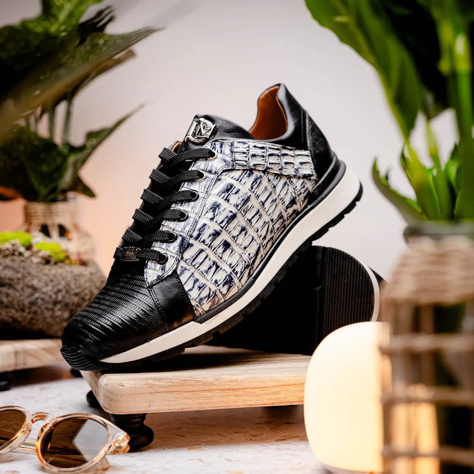 Marco Di Milano Portici Men's Shoes Newspaper & Black Exotic Lizard / Crocodile Casual Sneakers - 8.5